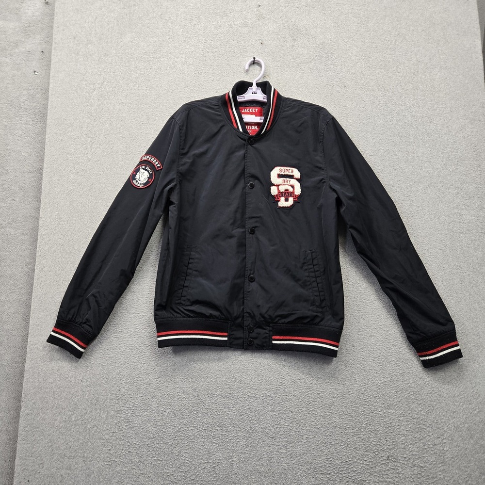 Superdry Men Jacket L Black Embroidered Bulldog Letter S Varsity Snap